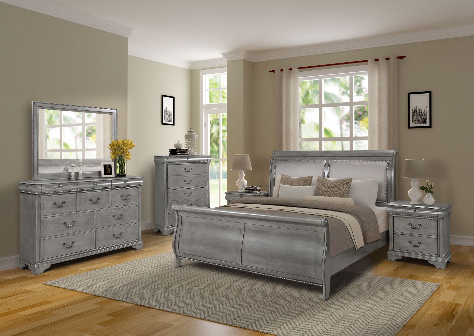 Dormitorio King 7 piezas con Respaldo Tapizado - Color Gris image 1