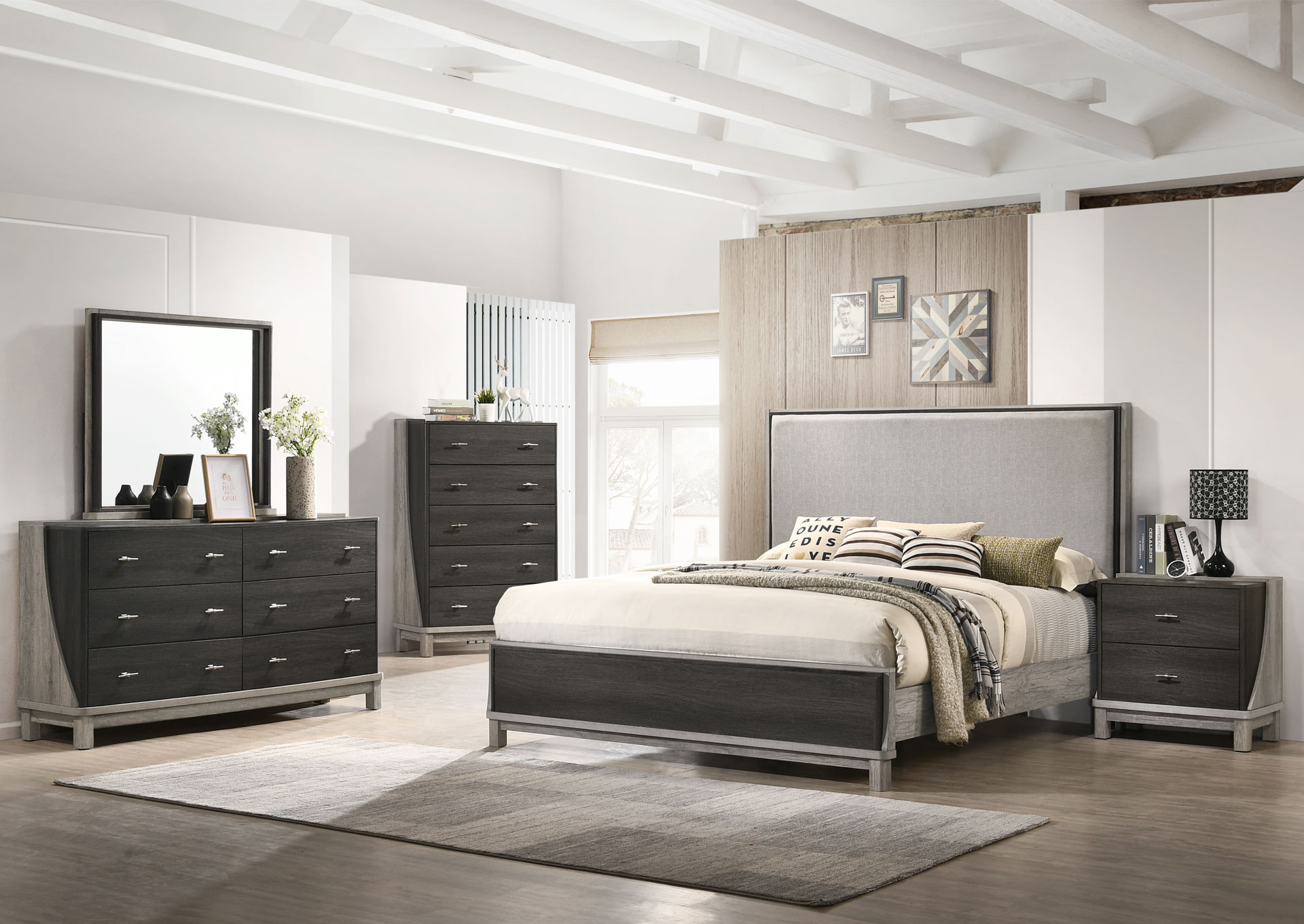 Dormitorio Contemporaneo Queen 7 piezas con Respaldo Tapizado  - Color Carbón y Gris claro image 1