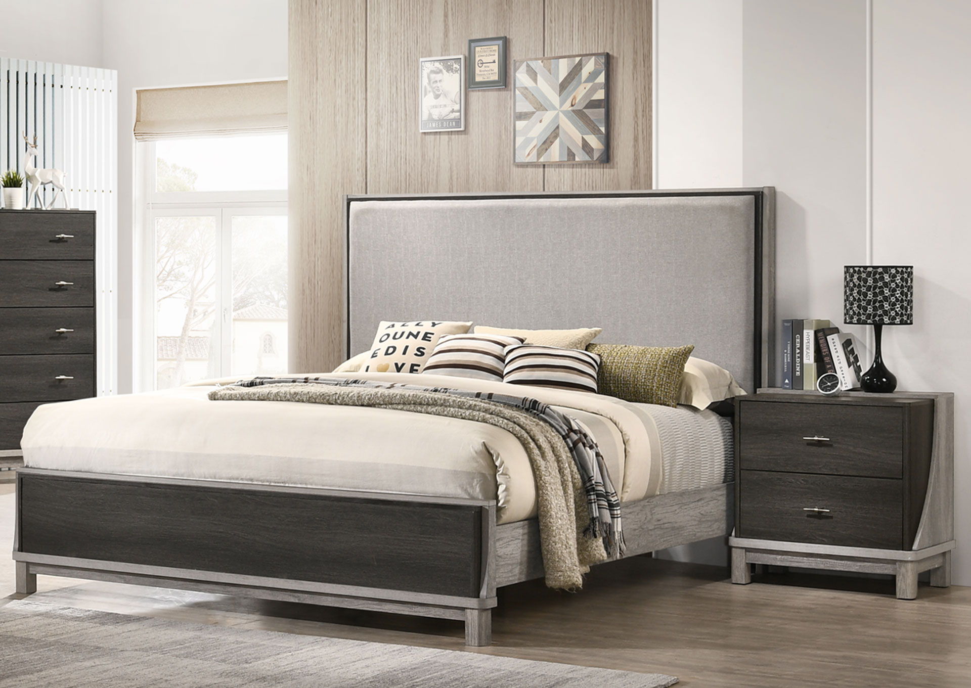 Dormitorio Contemporaneo King 5 piezas con Respaldo Tapizado  - Color Carbón y Gris claro image 1