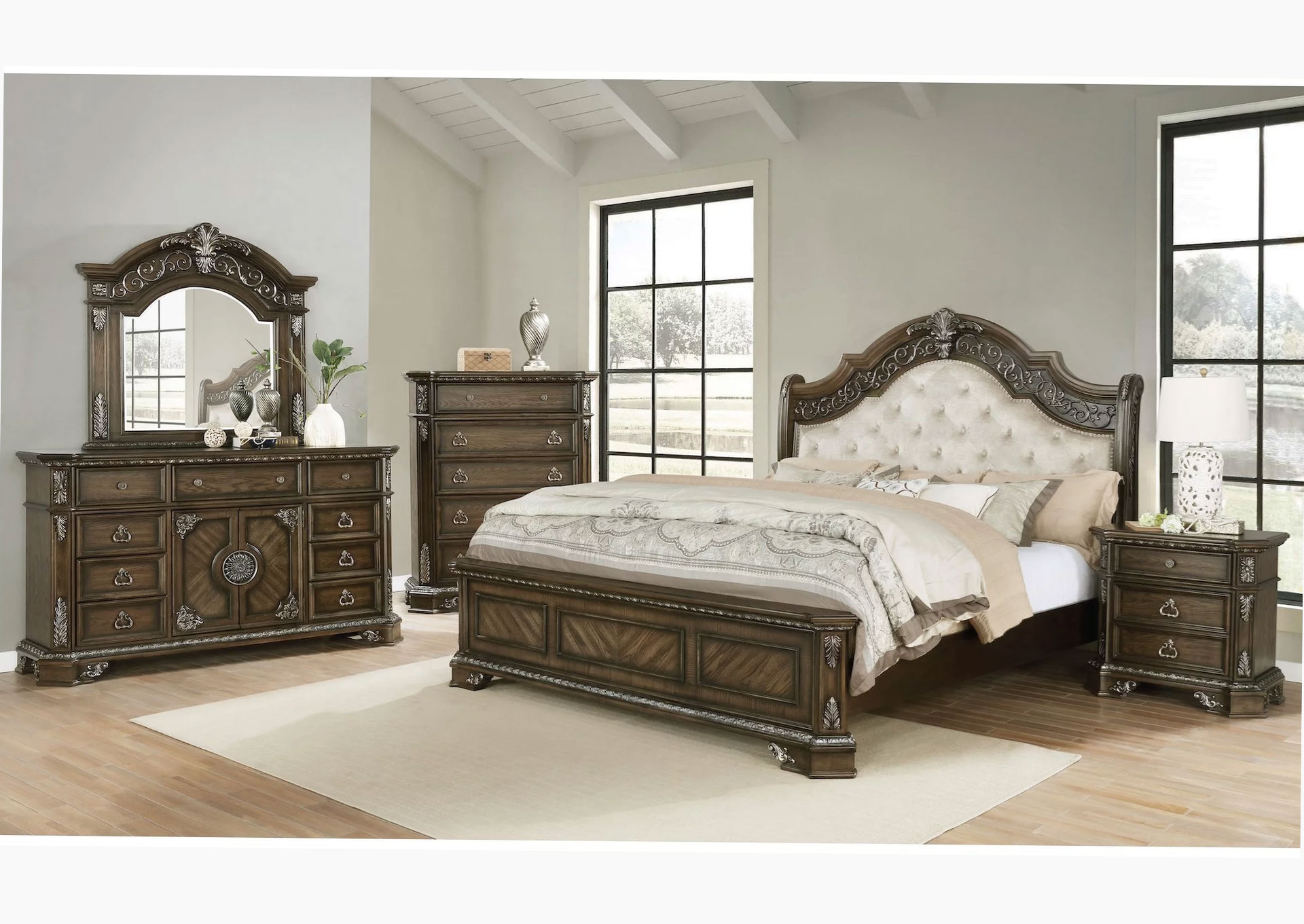 Domitorio Arqueado con Respaldo Tapizado King 7 piezas - Medium Oak  image 1