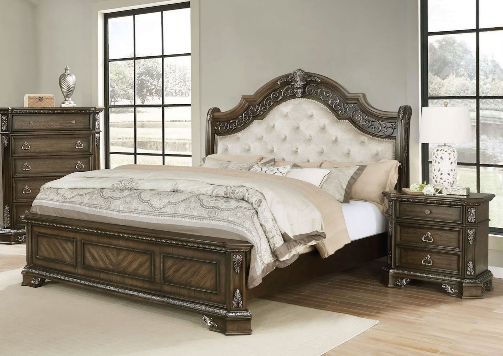 Domitorio Arqueado con Respaldo Tapizado King 5 piezas - Medium Oak  image 1