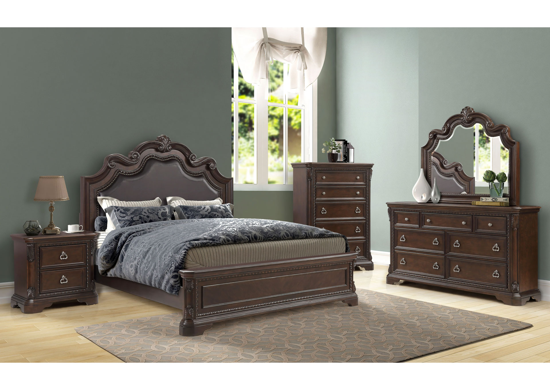 Dormitorio Coventry King 7 piezas con Respaldo Tapizado - Mahogany image 1