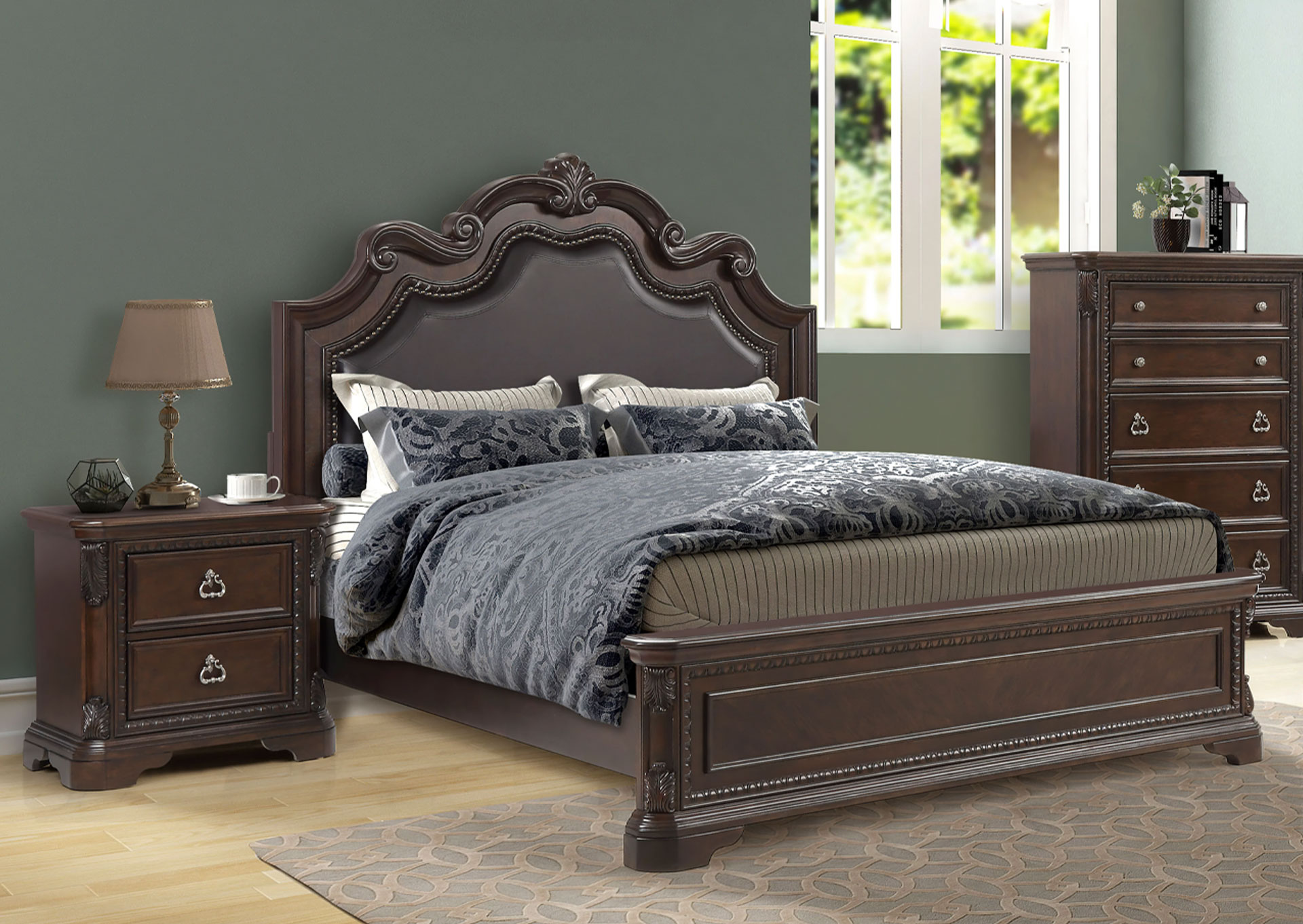Dormitorio Coventry Queen 5 piezas con Respaldo Tapizado - Mahogany image 1