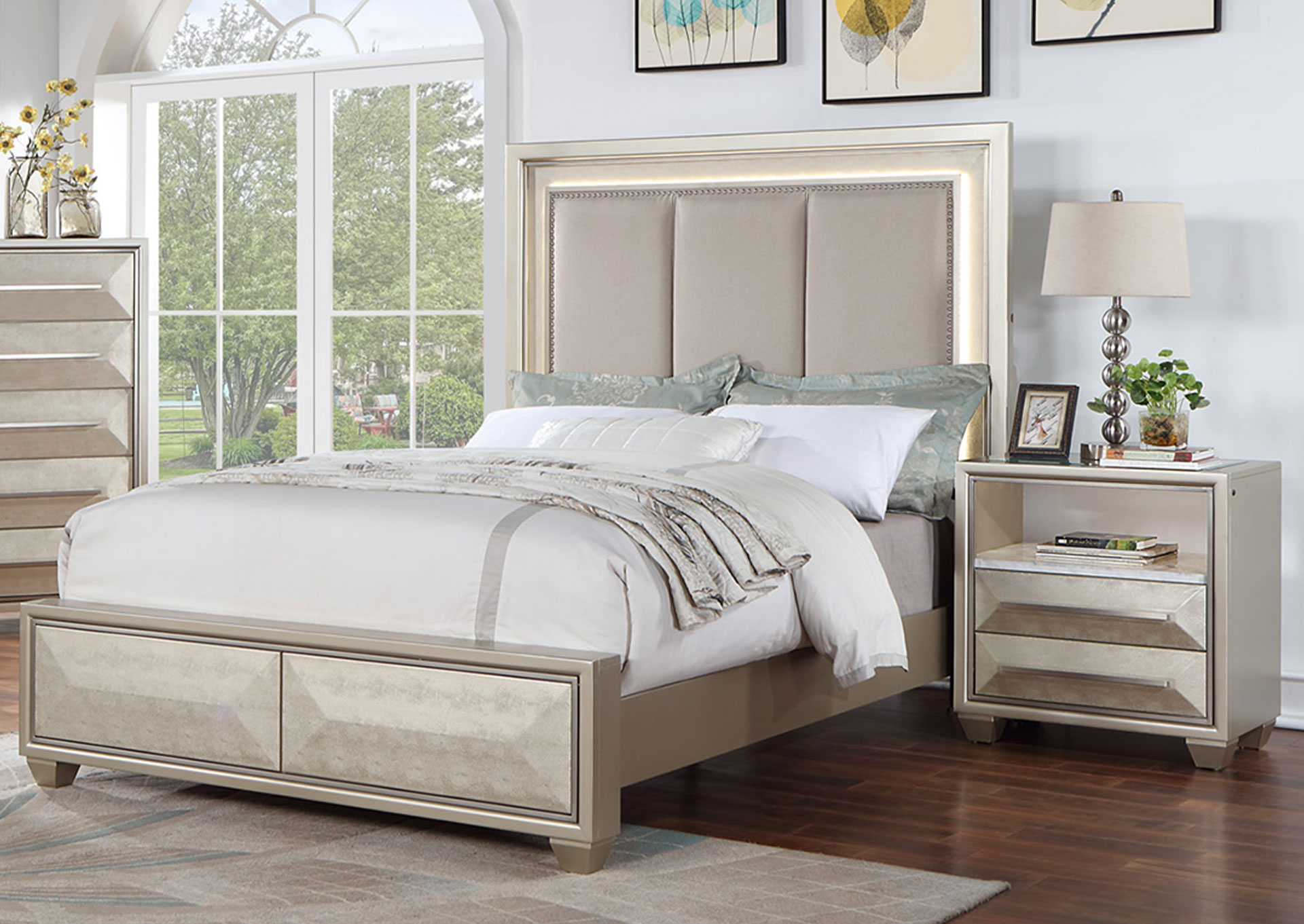Dormitorio con Respaldo Tapizado King 5 piezas - Champagne image 1