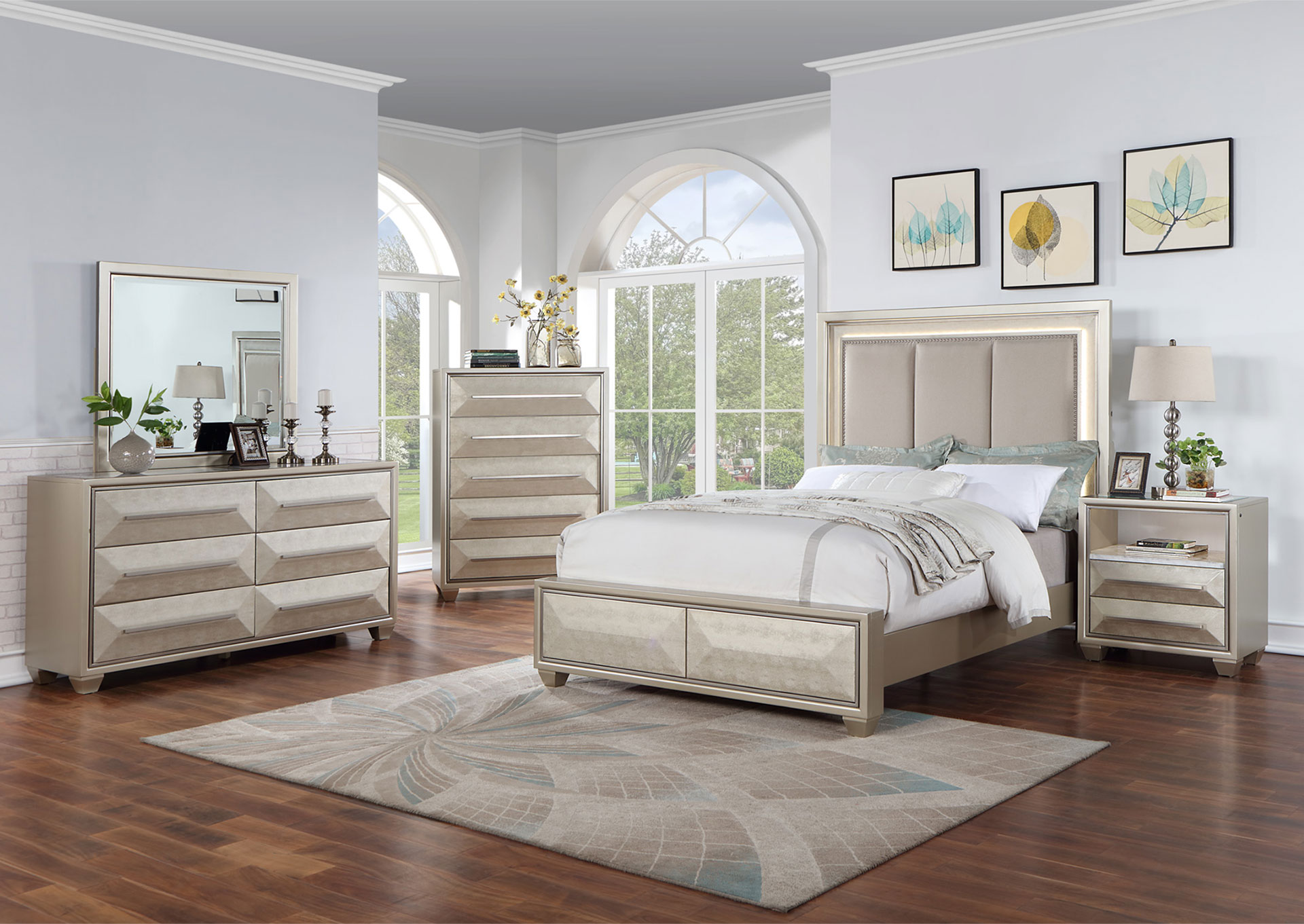 Dormitorio con Respaldo Tapizado King 7 piezas - Champagne image 1